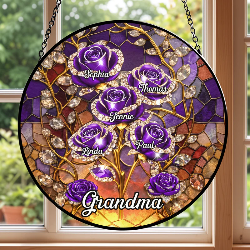 Personalized Glass Suncatcher Ornament with Purple Roses for Grandma, Stained Glass Style Window Display, Unique Keepsake Gift