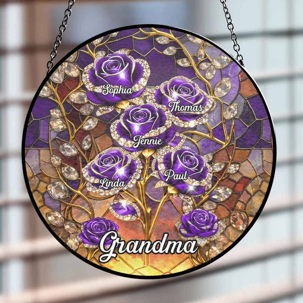 Personalized Glass Suncatcher Ornament with Purple Roses for Grandma, Stained Glass Style Window Display, Unique Keepsake Gift - Image 2