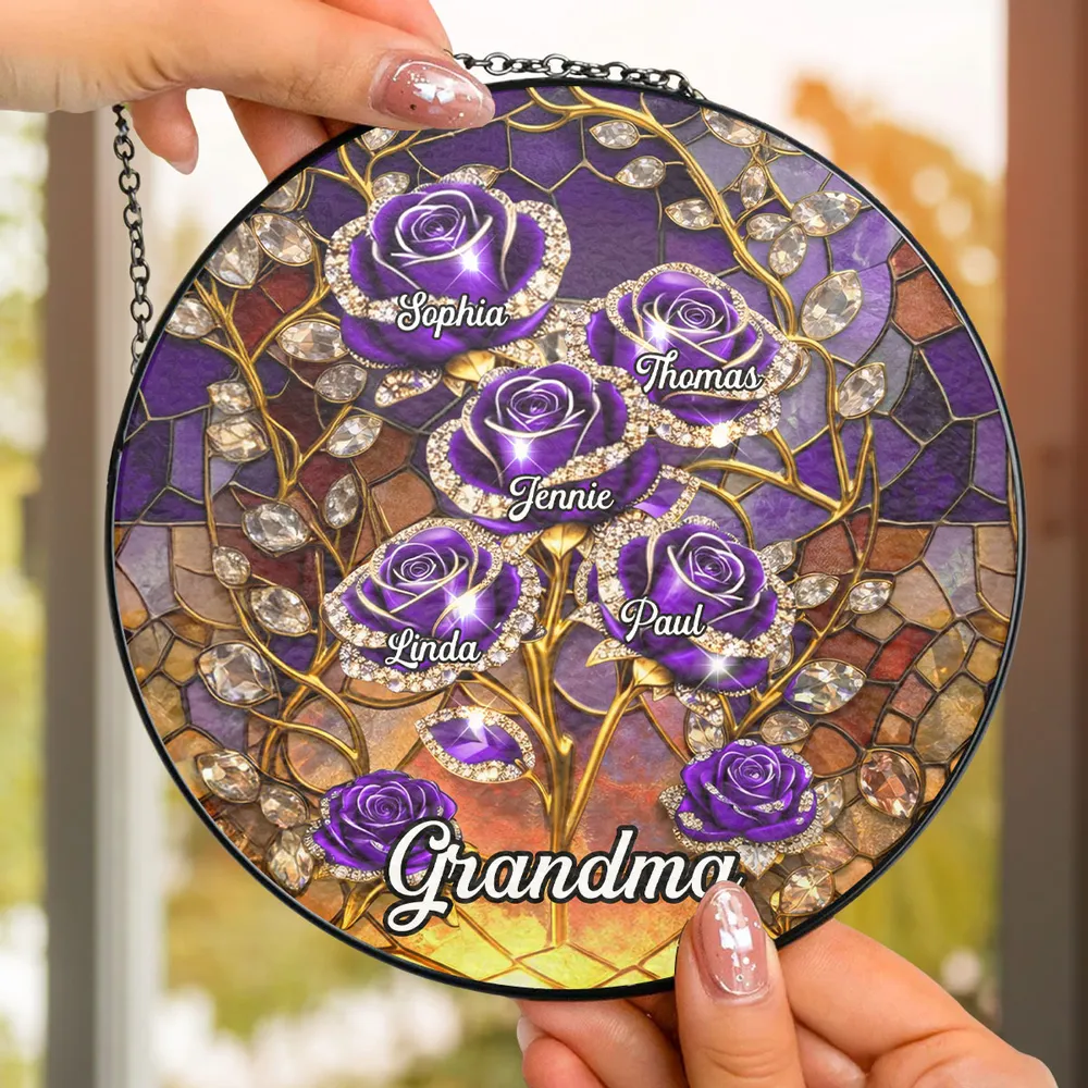 Personalized Glass Suncatcher Ornament with Purple Roses for Grandma, Stained Glass Style Window Display, Unique Keepsake Gift - Image 3