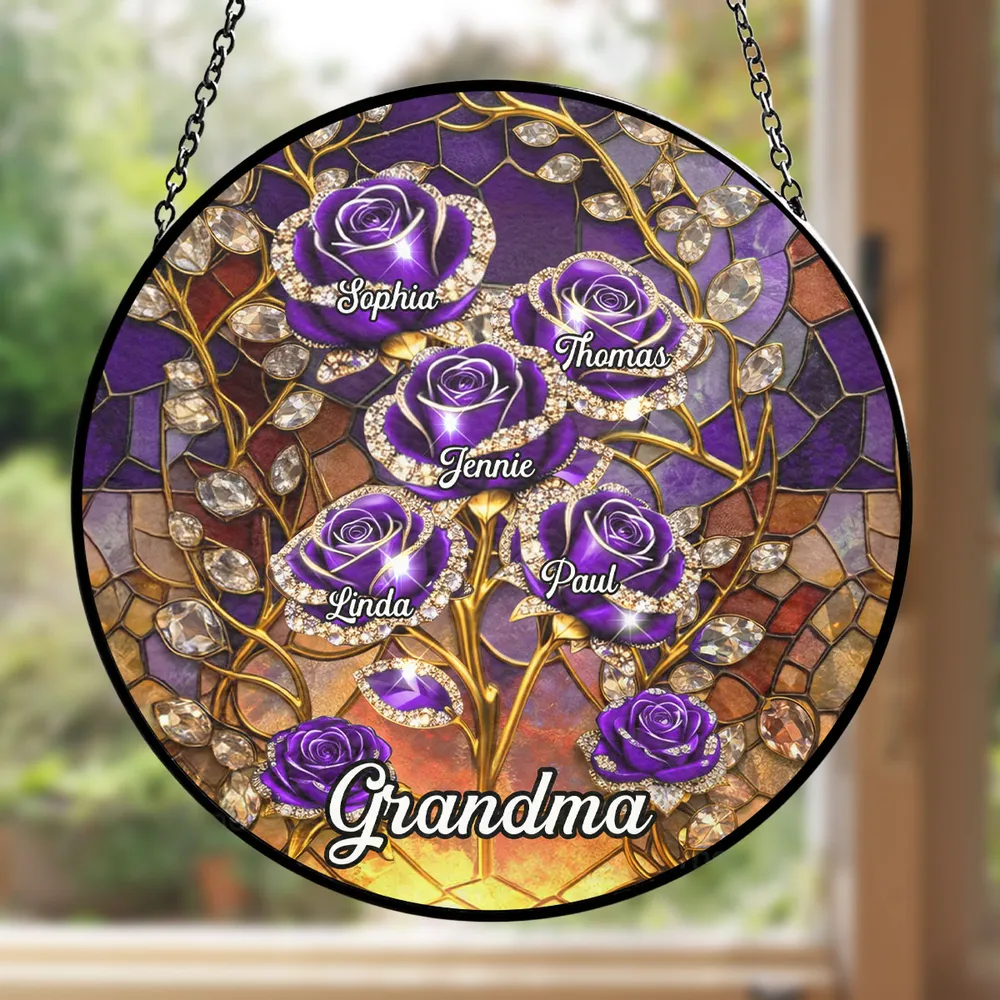 Personalized Glass Suncatcher Ornament with Purple Roses for Grandma, Stained Glass Style Window Display, Unique Keepsake Gift - Image 5