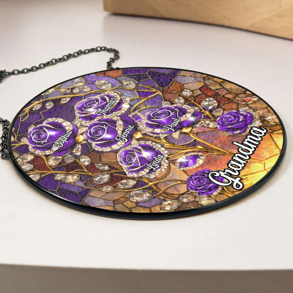 Personalized Glass Suncatcher Ornament with Purple Roses for Grandma, Stained Glass Style Window Display, Unique Keepsake Gift - Image 6