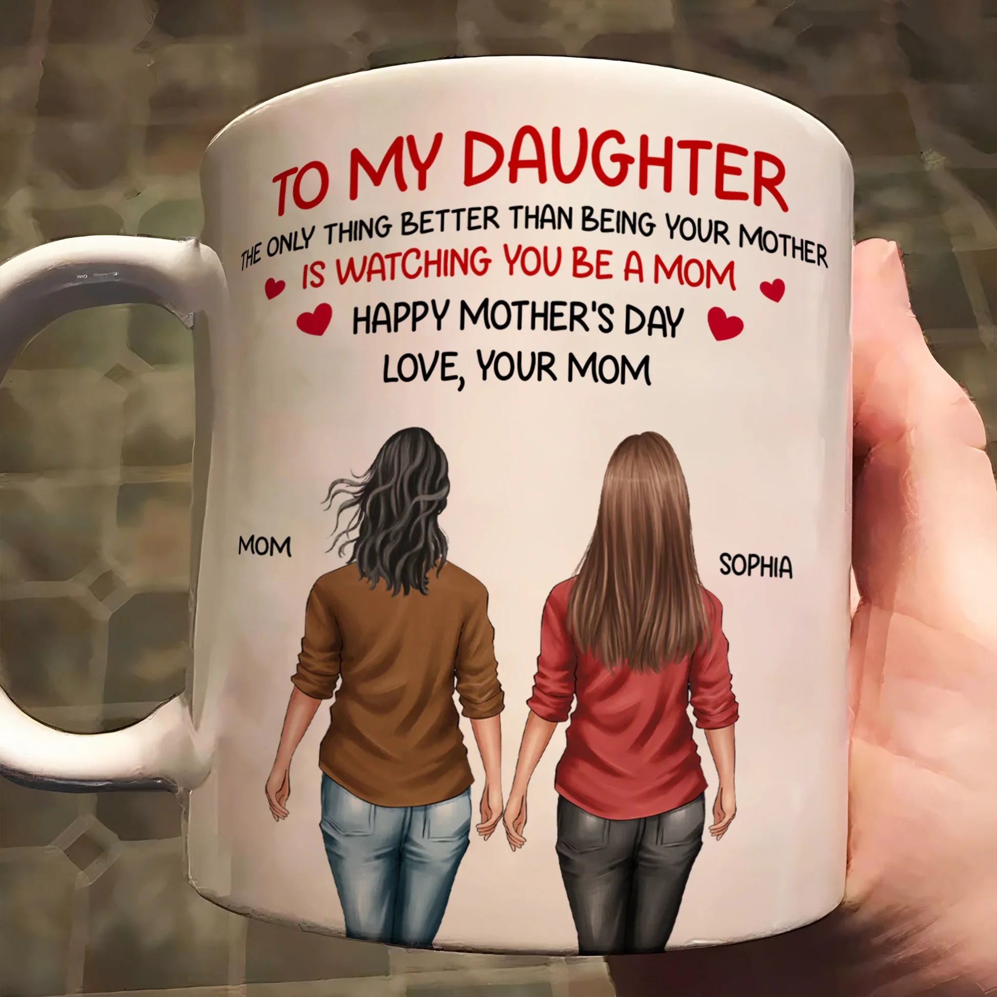 White Ceramic Mug Personalized for a Daughter, Heartwarming Father and Daughter Illustration, Thoughtful Mother's Day Gift - Image 6