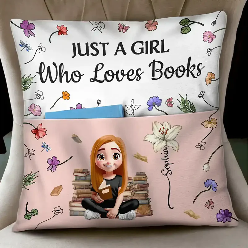 Personalized Pocket Pillow (Stuffing Included) Reading Girl With Flowers - Unique Gift For Book Lovers - Image 3