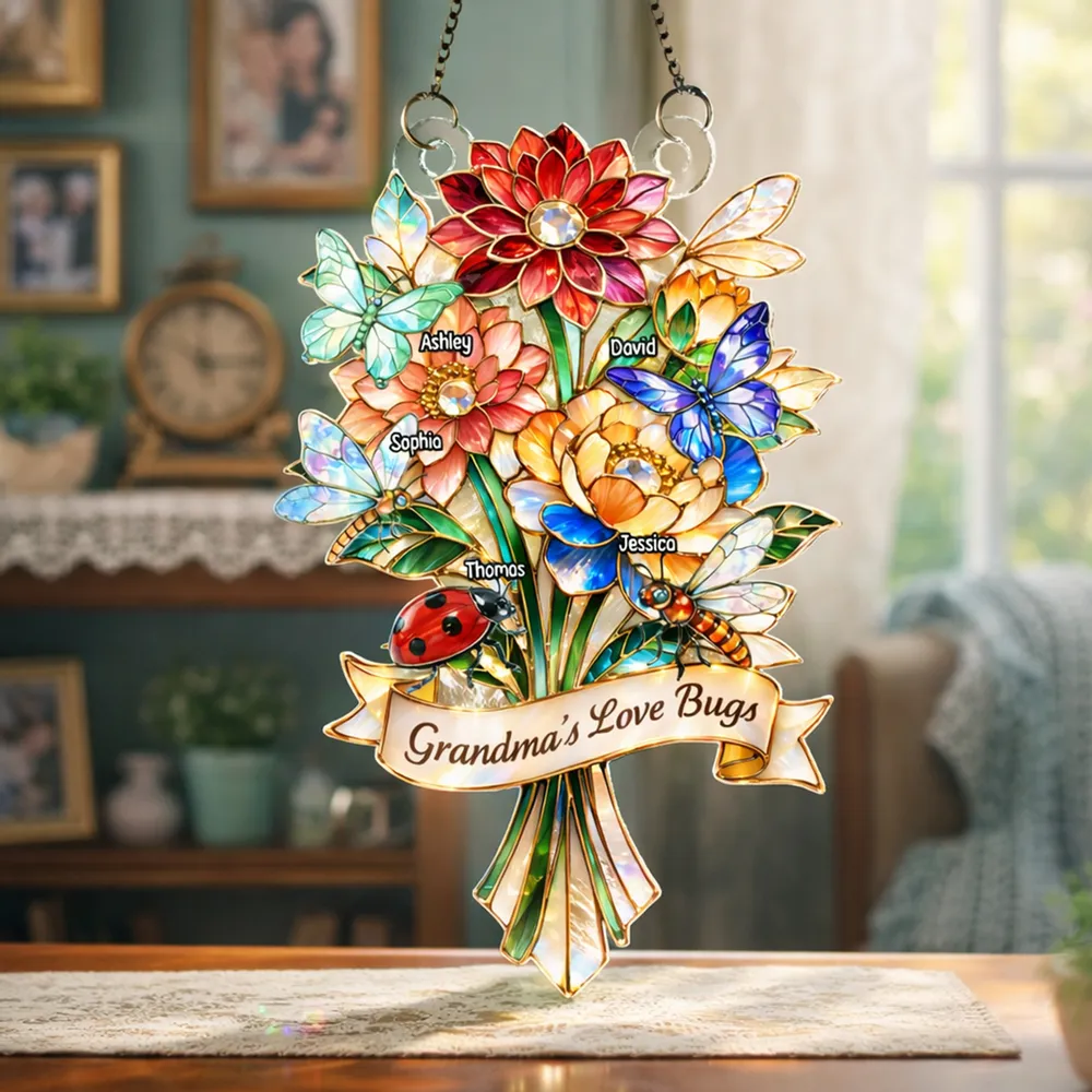 Personalized Acrylic Suncatcher Ornament Grandma's Love Bugs Bouquet for Window Decor, Unique Gift for Grandma
