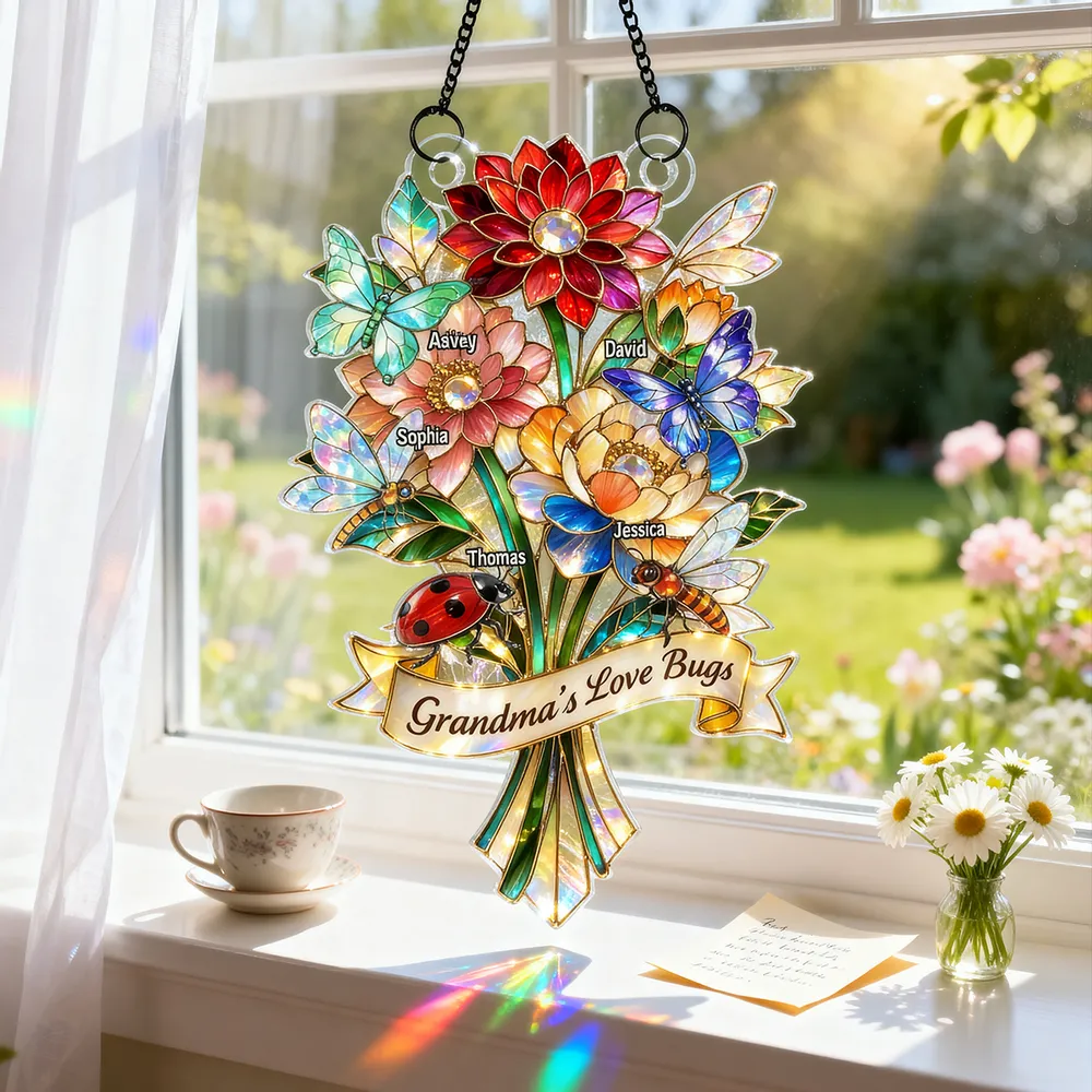 Personalized Acrylic Suncatcher Ornament Grandma's Love Bugs Bouquet for Window Decor, Unique Gift for Grandma - Image 2