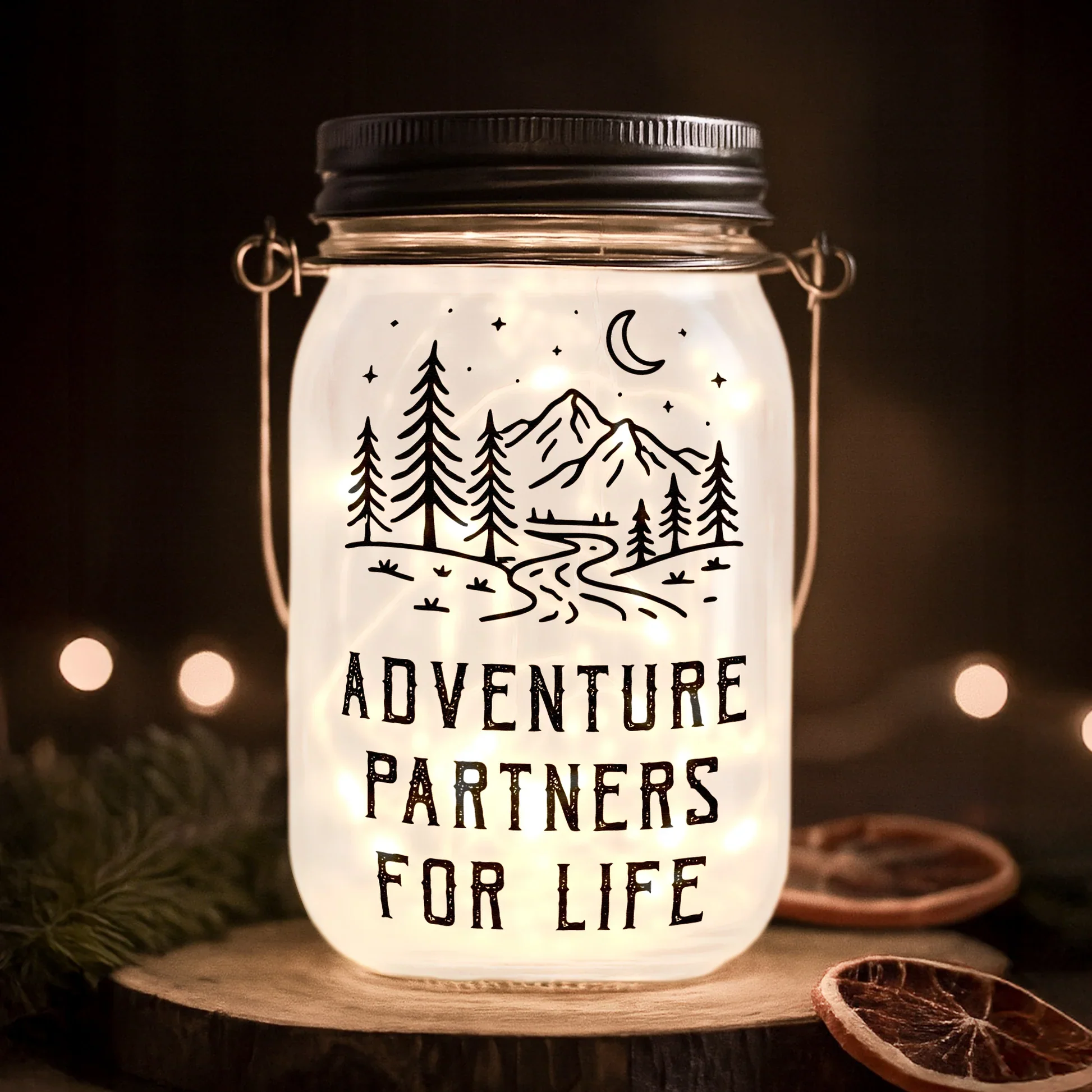 Personalized Solar Mason Jar Light with Adventure Partners For Life Hiking Couple Design - Unique Gift for Couples - Image 2