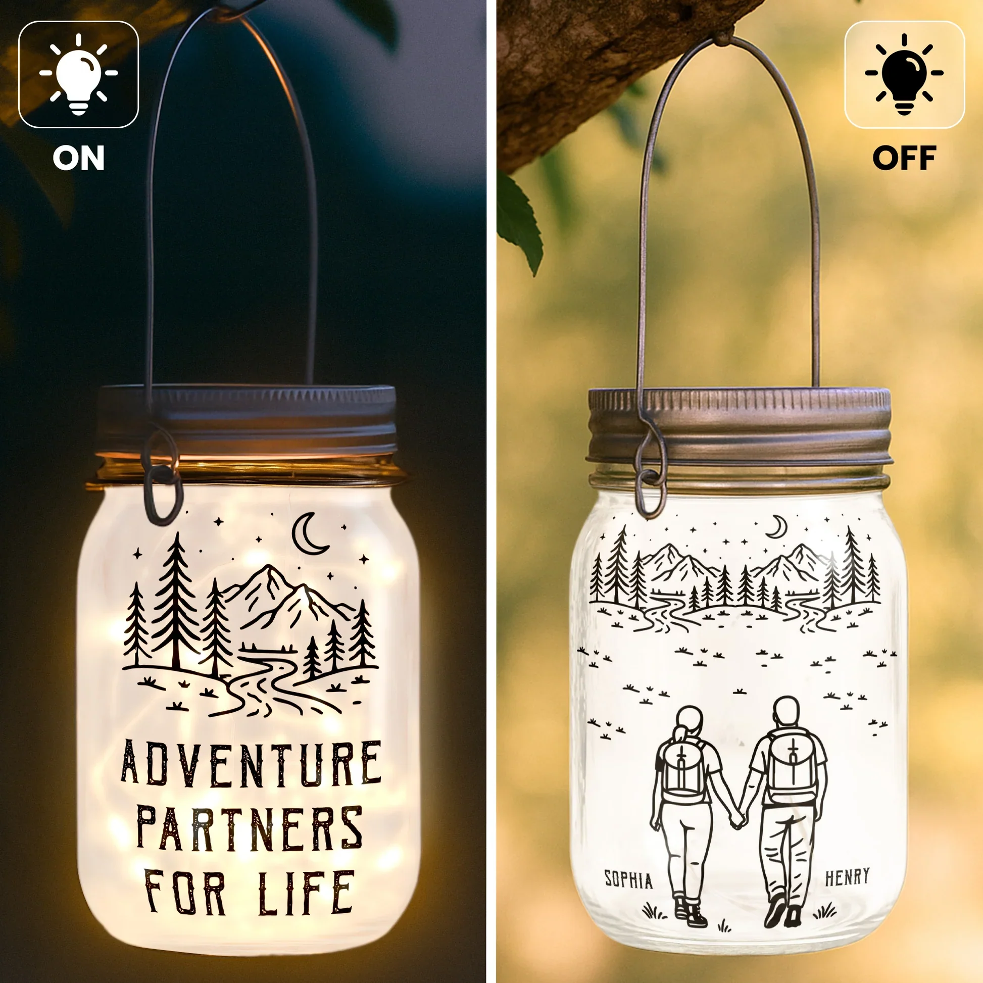 Personalized Solar Mason Jar Light with Adventure Partners For Life Hiking Couple Design - Unique Gift for Couples - Image 3