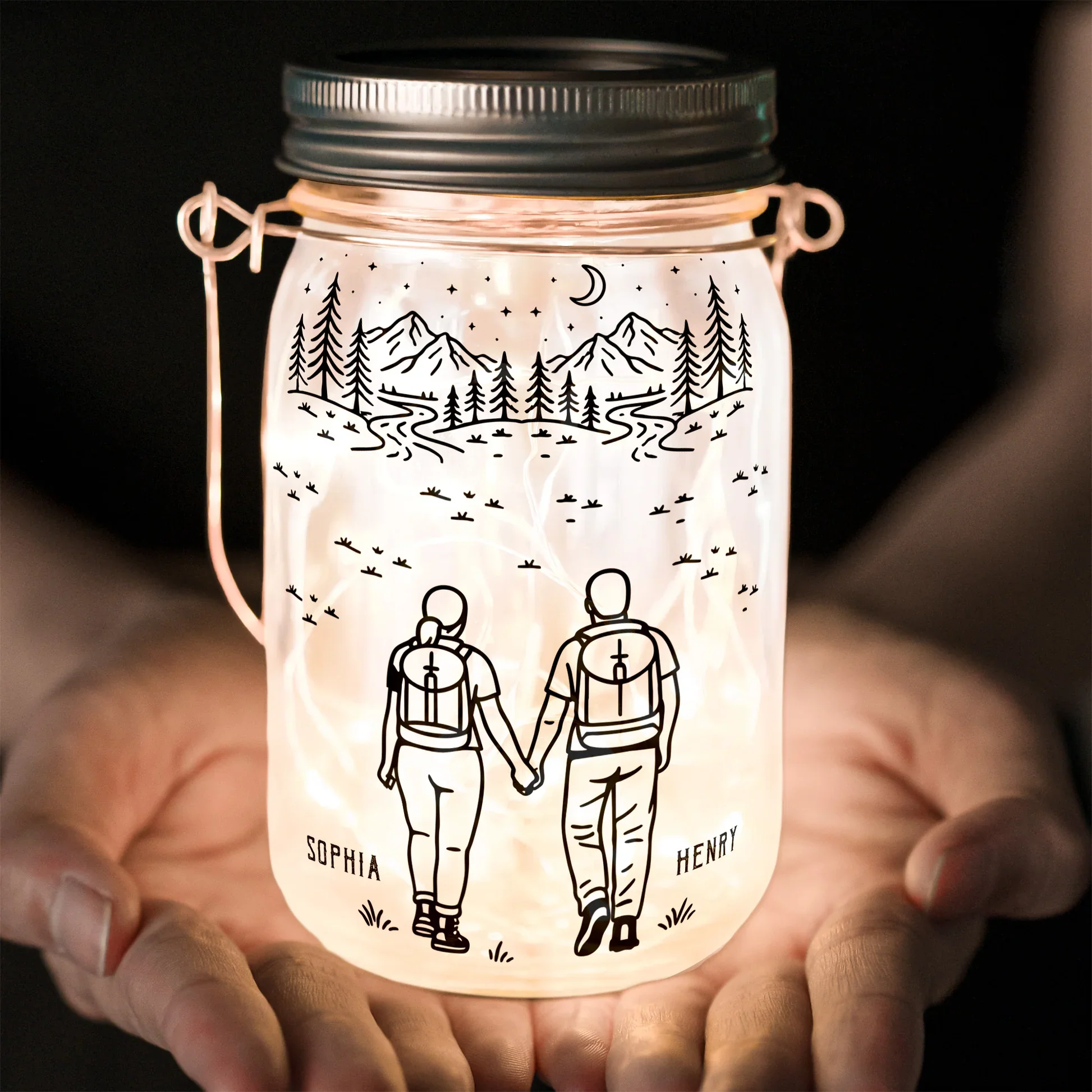 Personalized Solar Mason Jar Light with Adventure Partners For Life Hiking Couple Design - Unique Gift for Couples - Image 4