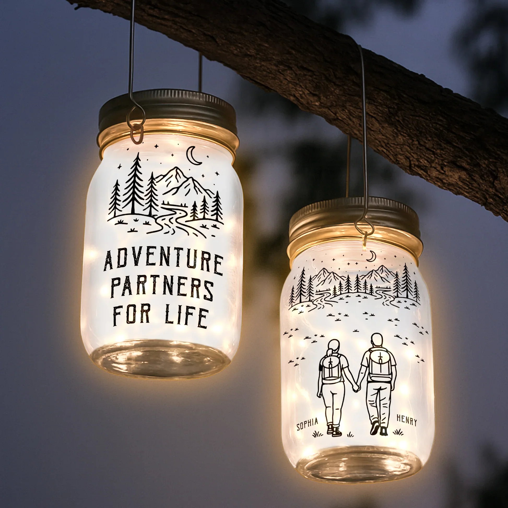 Personalized Solar Mason Jar Light with Adventure Partners For Life Hiking Couple Design - Unique Gift for Couples - Image 5