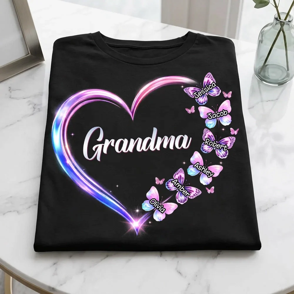 Personalized Grandma Butterfly Heart Classic Tee, Custom Keepsake Gift for Grandma, Glowing Neon Style Love Design