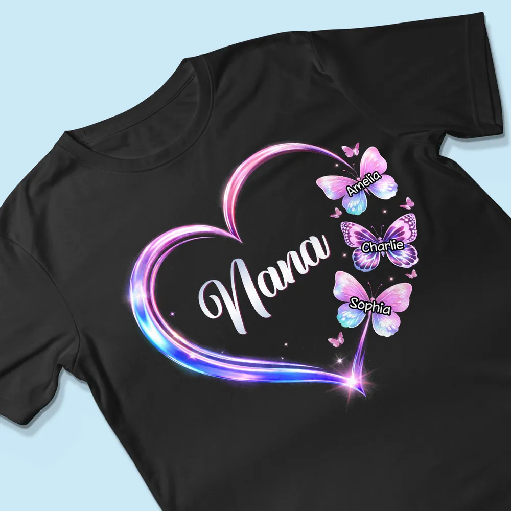 Personalized Grandma Butterfly Heart Classic Tee, Custom Keepsake Gift for Grandma, Glowing Neon Style Love Design - Image 3