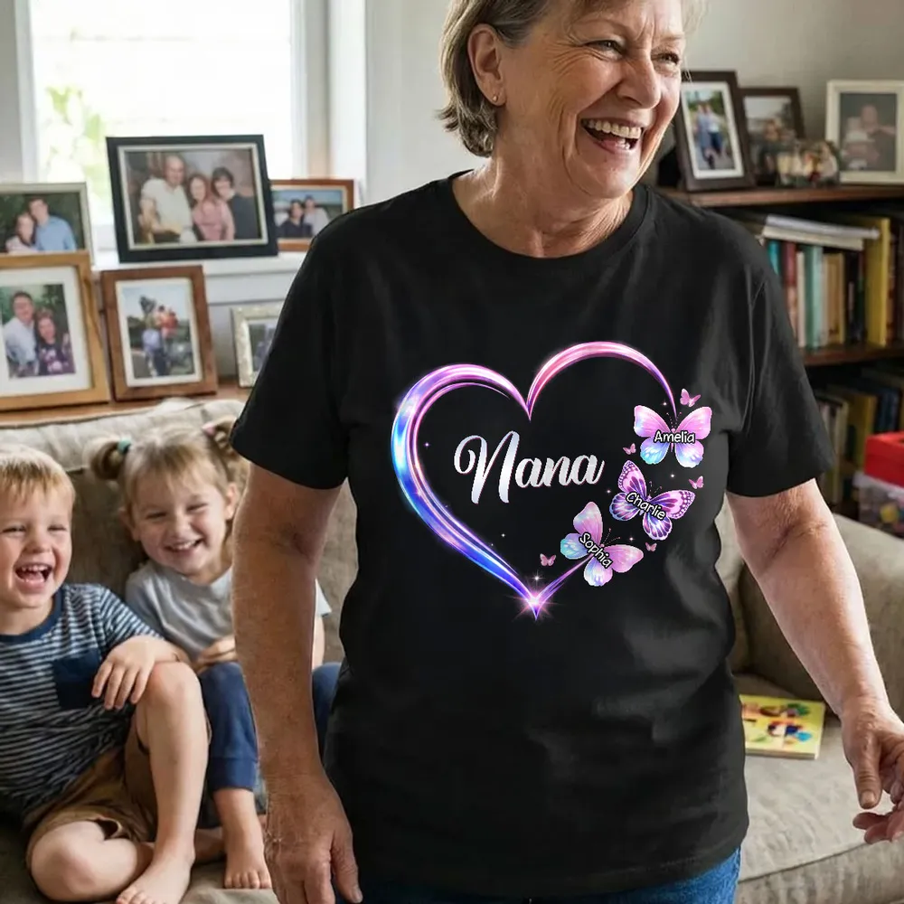 Personalized Grandma Butterfly Heart Classic Tee, Custom Keepsake Gift for Grandma, Glowing Neon Style Love Design - Image 8