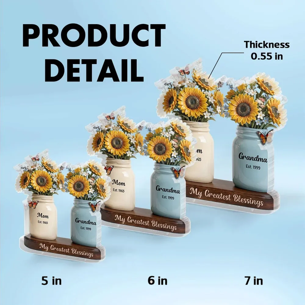 Personalized Shaped Acrylic Block Plaque with Sunflower Mason Jars, 'My Greatest Blessings' Unique Gift for Mom & Grandma - Image 4