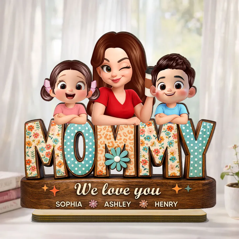 Personalized 2-Layer Wooden Plaque Mommy We Love You Cute Cartoon Family Gift for Mom - Sweet Preppy Pattern Keepsake