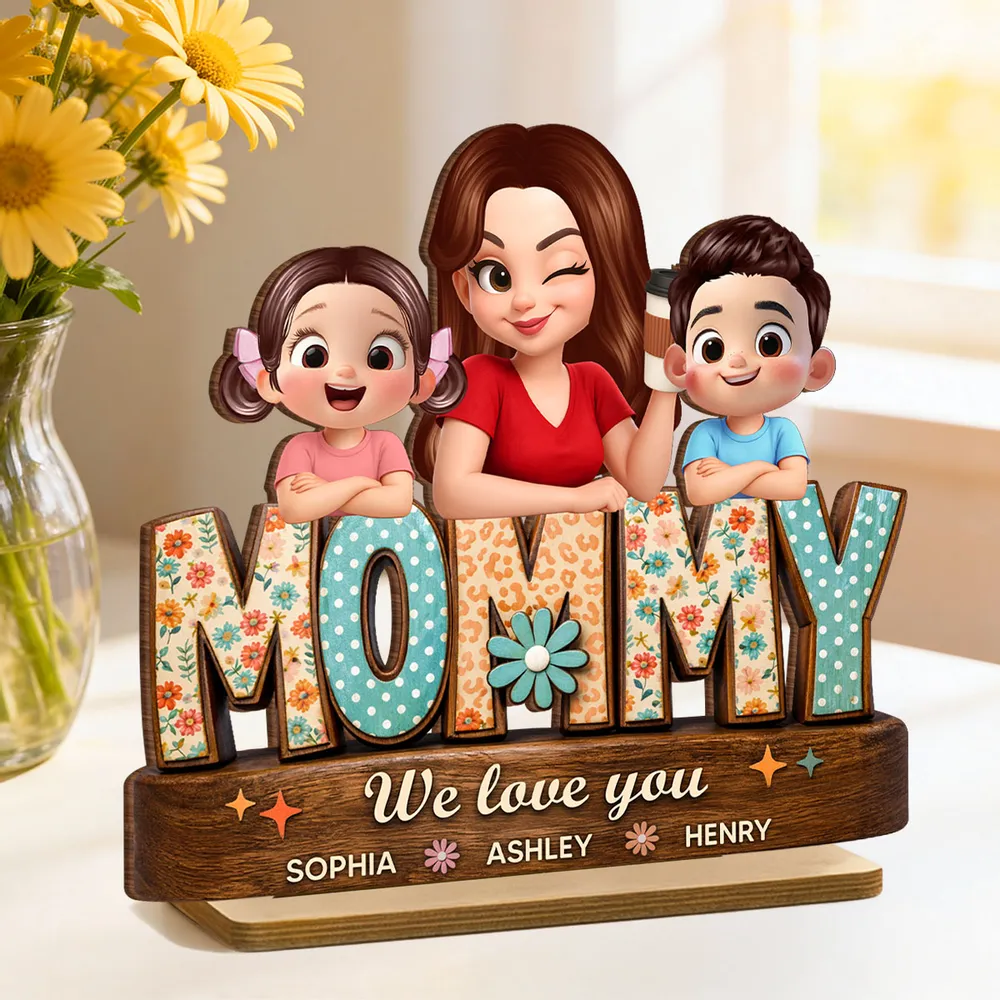 Personalized 2-Layer Wooden Plaque Mommy We Love You Cute Cartoon Family Gift for Mom - Sweet Preppy Pattern Keepsake - Image 2