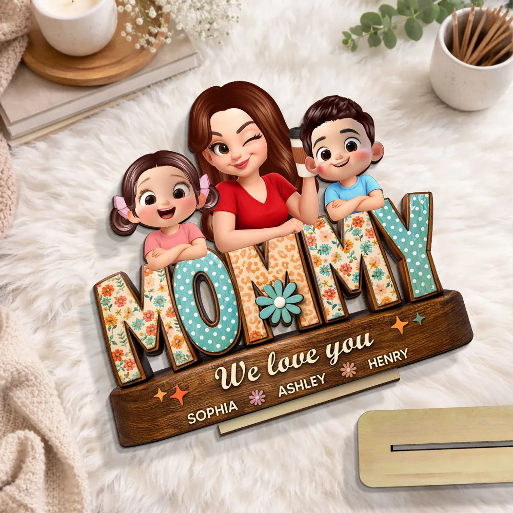 Personalized 2-Layer Wooden Plaque Mommy We Love You Cute Cartoon Family Gift for Mom - Sweet Preppy Pattern Keepsake - Image 3