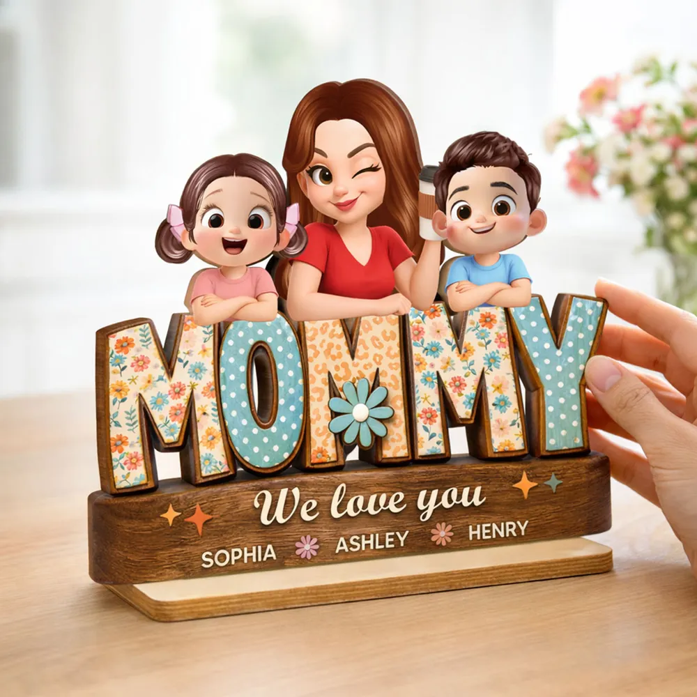 Personalized 2-Layer Wooden Plaque Mommy We Love You Cute Cartoon Family Gift for Mom - Sweet Preppy Pattern Keepsake - Image 5