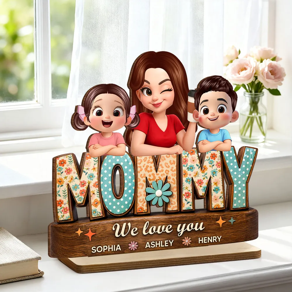 Personalized 2-Layer Wooden Plaque Mommy We Love You Cute Cartoon Family Gift for Mom - Sweet Preppy Pattern Keepsake - Image 6