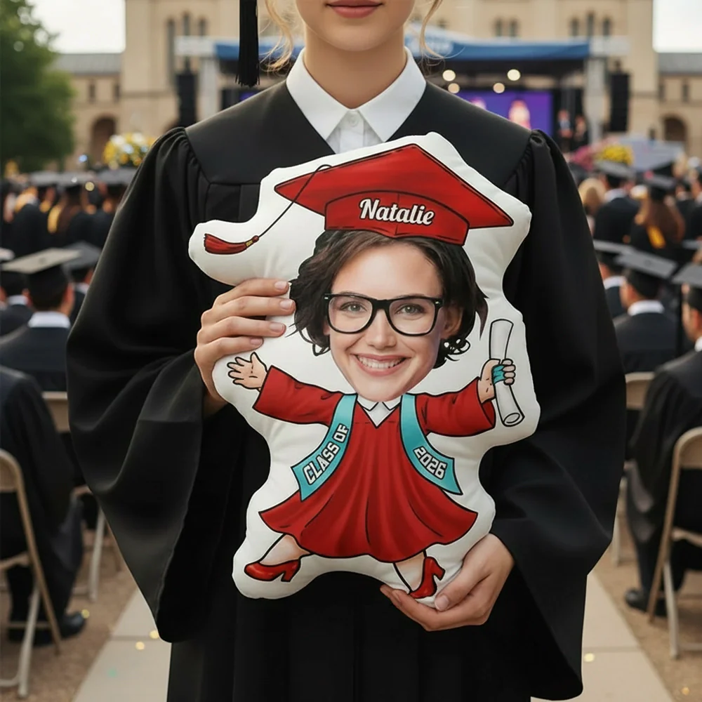 Personalized Funny Face Graduation Shaped Pillow, Custom Cartoon Grad With Cap & Diploma, Unique Senior Gift