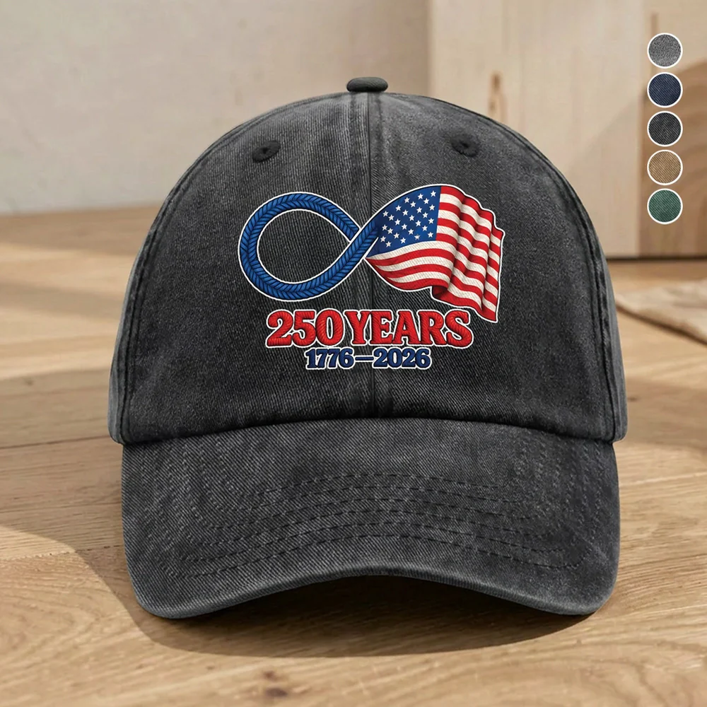 Personalized Washed Denim Baseball Cap with 250 Years Infinity Flag Design, Casual Outdoor Wear, Unique Patriotic Gift