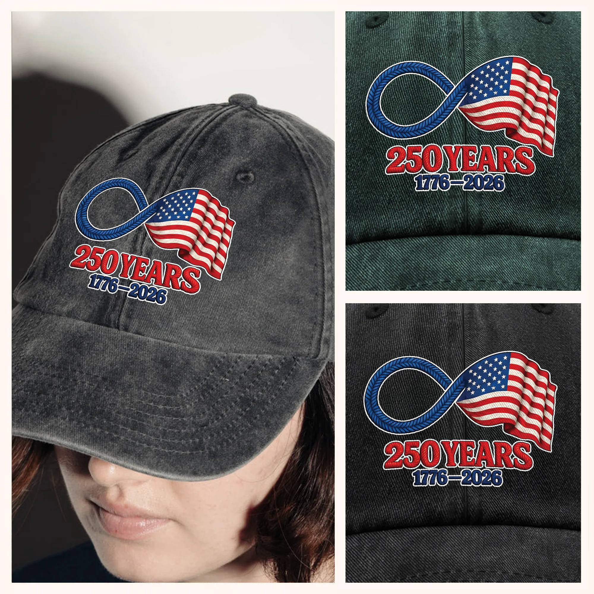 Personalized Washed Denim Baseball Cap with 250 Years Infinity Flag Design, Casual Outdoor Wear, Unique Patriotic Gift - Image 2