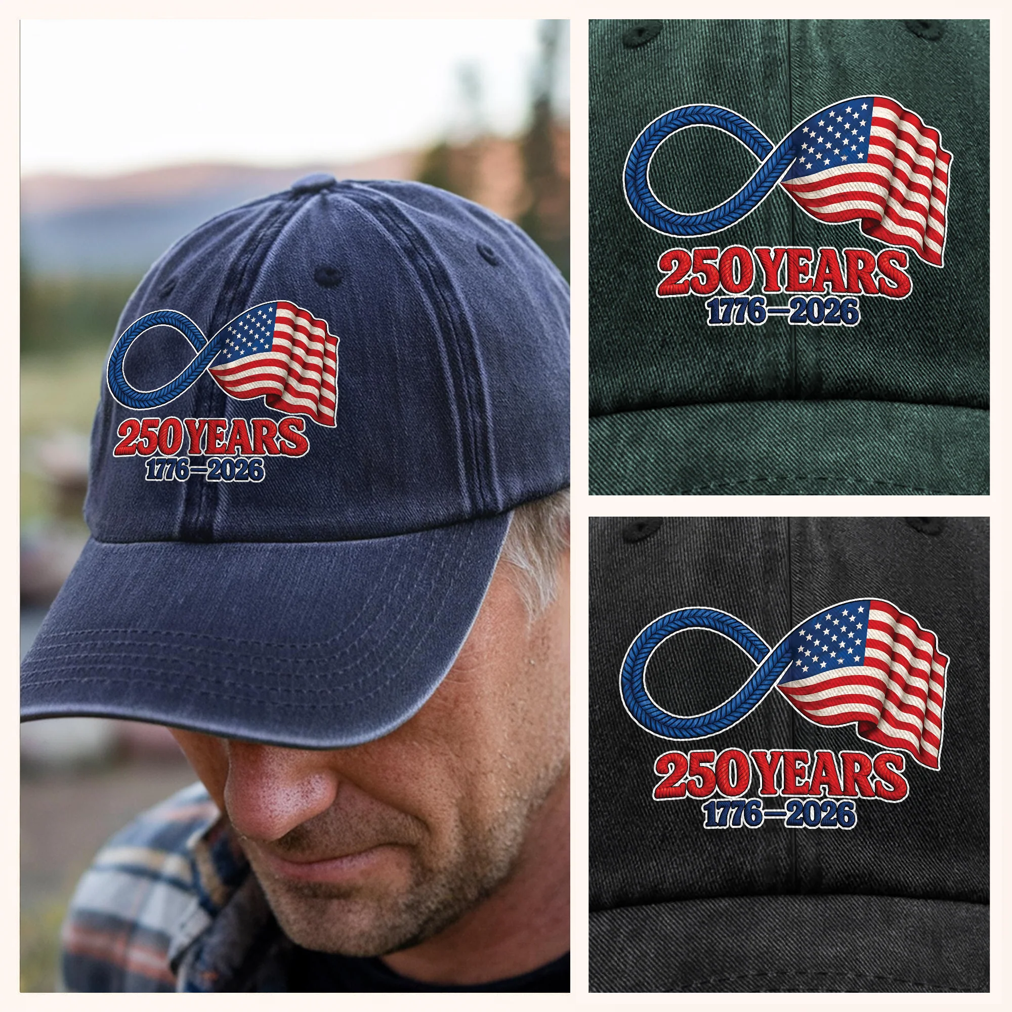 Personalized Washed Denim Baseball Cap with 250 Years Infinity Flag Design, Casual Outdoor Wear, Unique Patriotic Gift - Image 3