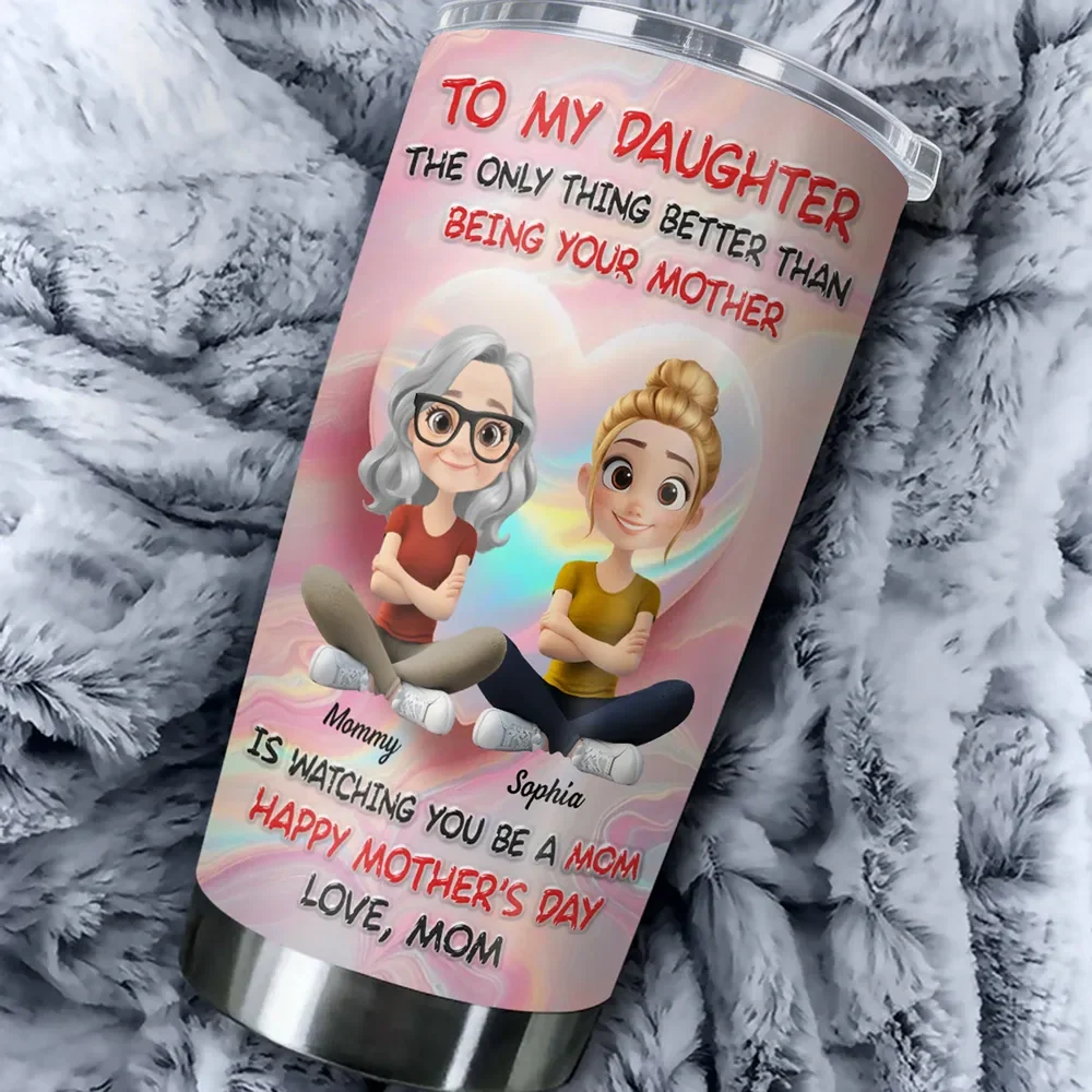 Personalized Insulated Travel Tumbler with Cute Mom and Daughter Cartoon, Heart Background, Unique Mother's Day Gift - Image 4