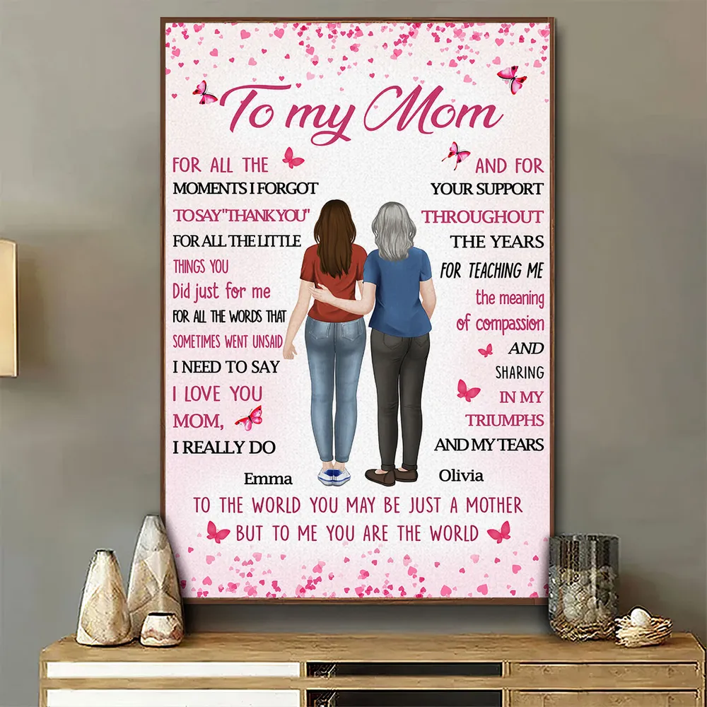 Personalized Mom Quote Poster, Custom Mother Daughter Hugging Wall Art, Pink Butterflies, Unique Gift for Mom - Image 2