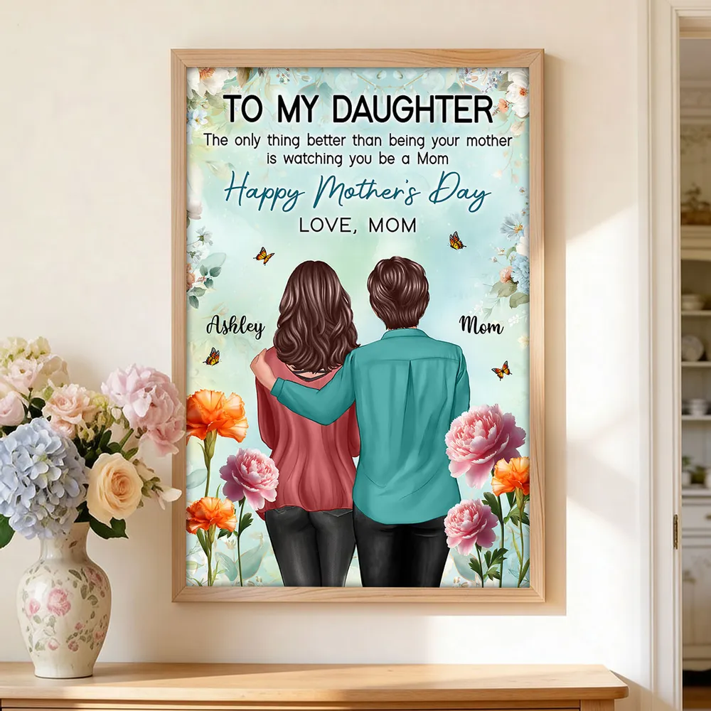 Personalized Mother's Day Poster, Mom and Daughter Hugging Back View Floral Wall Art, Unique Gift for Daughter from Mom