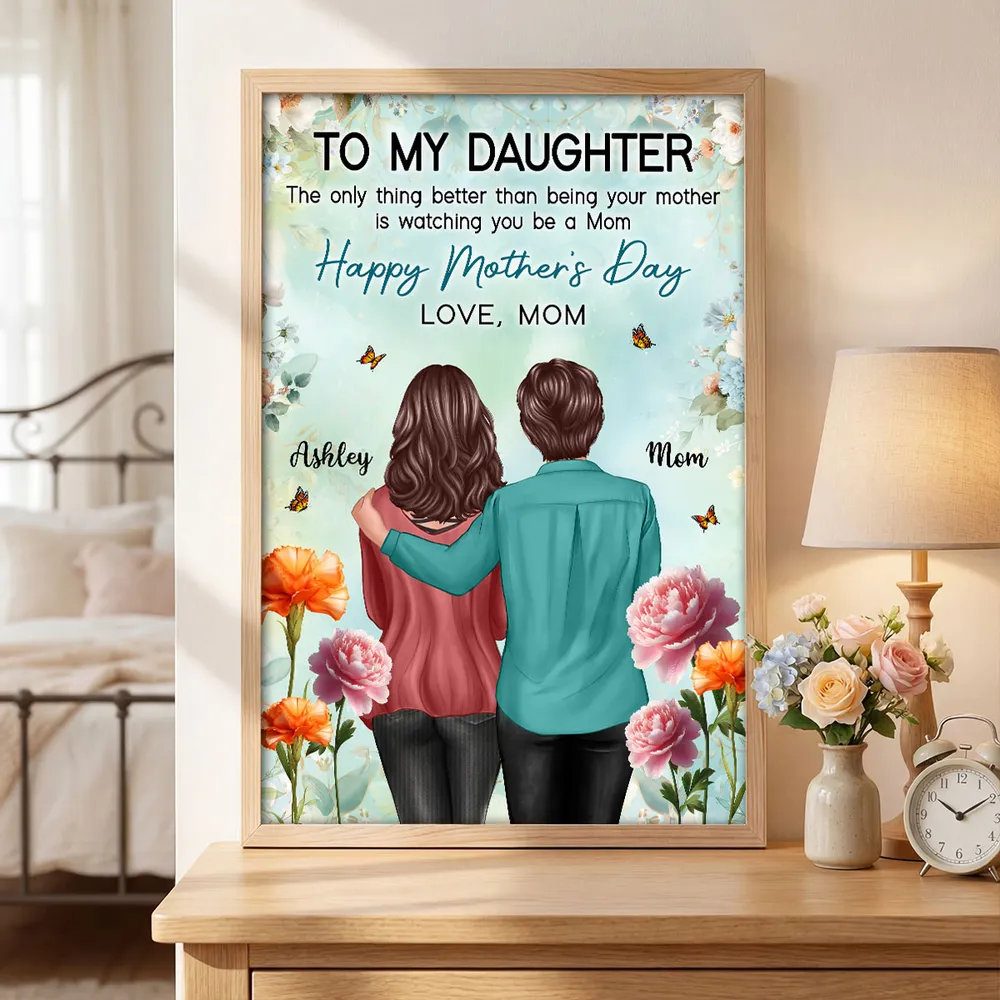 Personalized Mother's Day Poster, Mom and Daughter Hugging Back View Floral Wall Art, Unique Gift for Daughter from Mom - Image 5