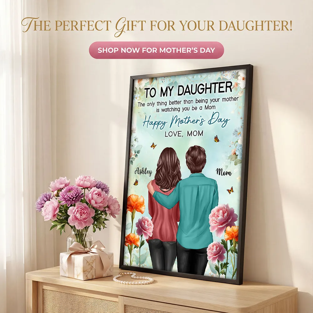 Personalized Mother's Day Poster, Mom and Daughter Hugging Back View Floral Wall Art, Unique Gift for Daughter from Mom - Image 7