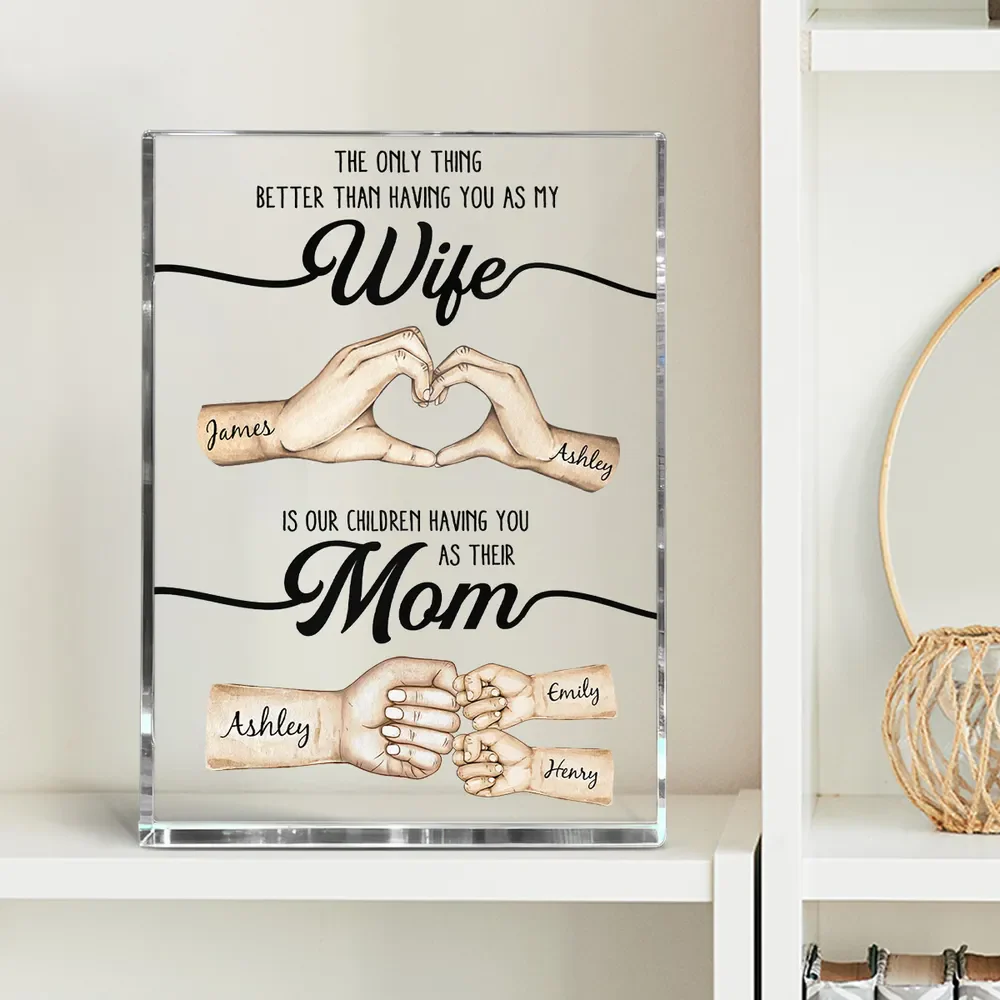 Rectangle Acrylic Block Plaque Personalized for Wife, Sweet Mom Keepsake with Hand Heart and Fist Bump Art, Unique Gift - Image 3