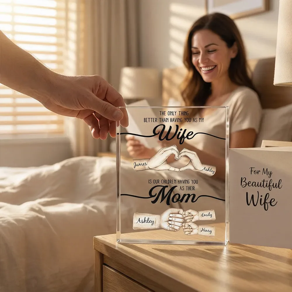 Rectangle Acrylic Block Plaque Personalized for Wife, Sweet Mom Keepsake with Hand Heart and Fist Bump Art, Unique Gift - Image 5