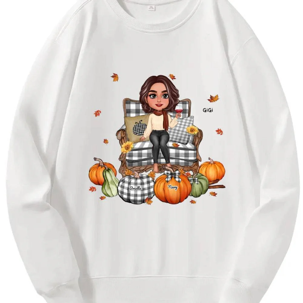 Grandma Sitting On Chair Kids Pumpkins Personalized T-Shirt/Sweatshirt/Hoodie - Image 3