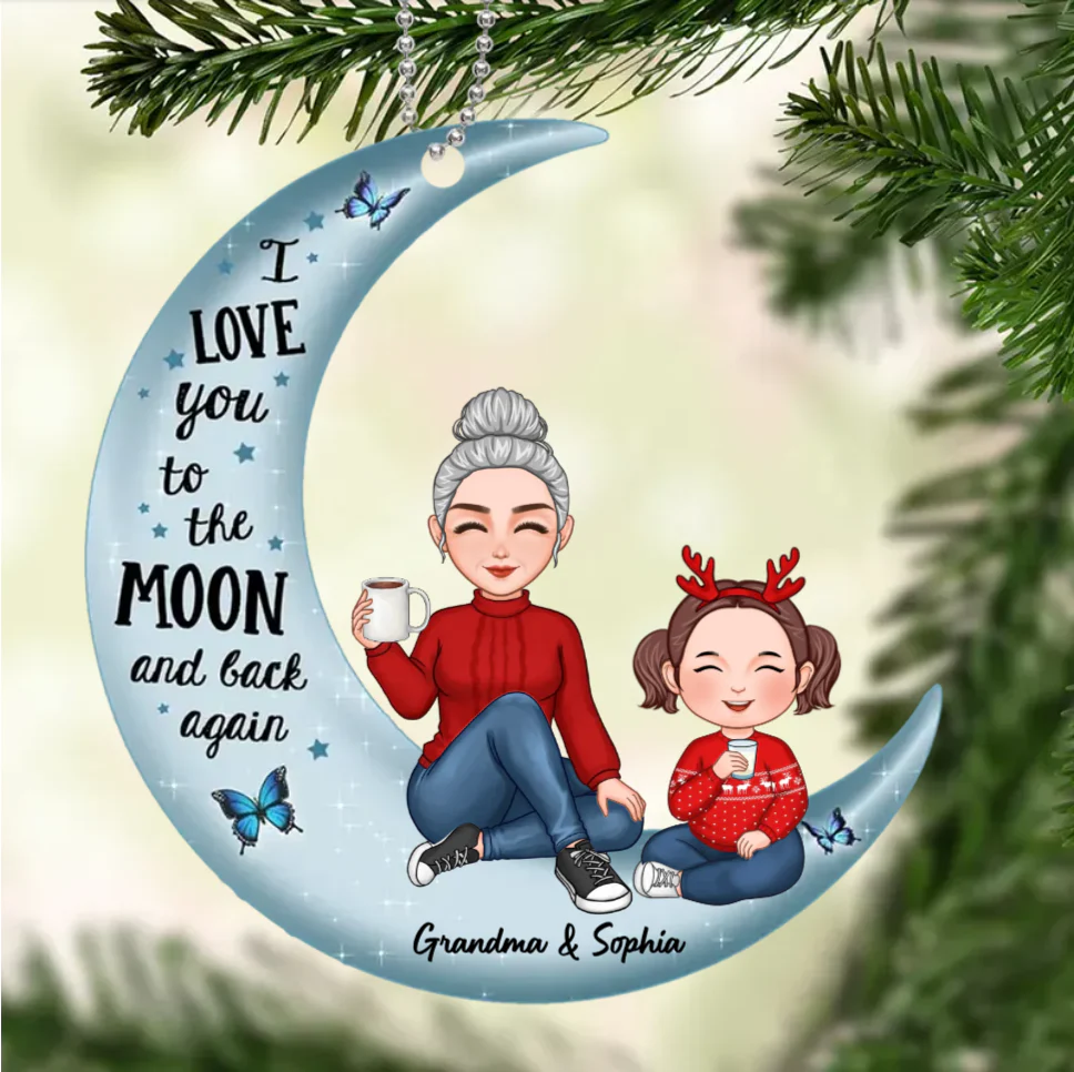 Cute Grandma & Grandkid On Moon Christmas Gift For Granddaughter Grandson Personalized Acrylic Ornament - Image 3