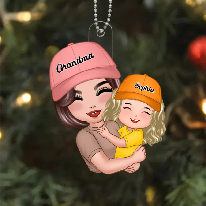 Gift for Grandkid & Grandma - Grandma Mom Hugging Kid - Personalized Custom Ornament, Keychain,Plaque and Pillow - Image 6