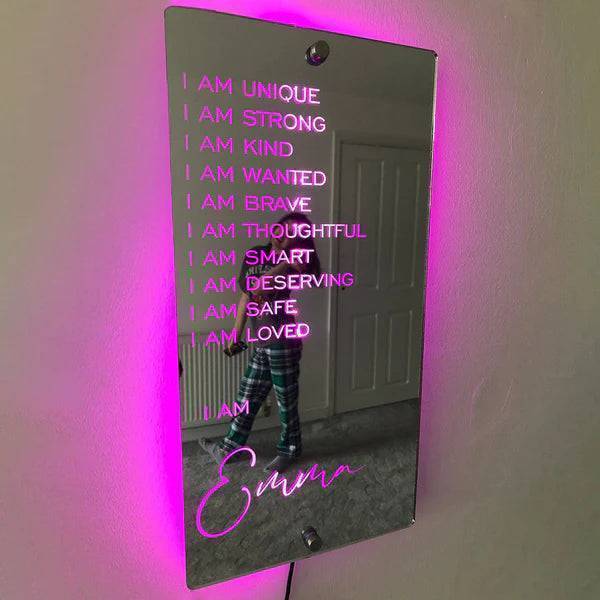 Personalized Affirmations Mirror - Light Colorful - Bedroom Lamp - Custom Text And Name