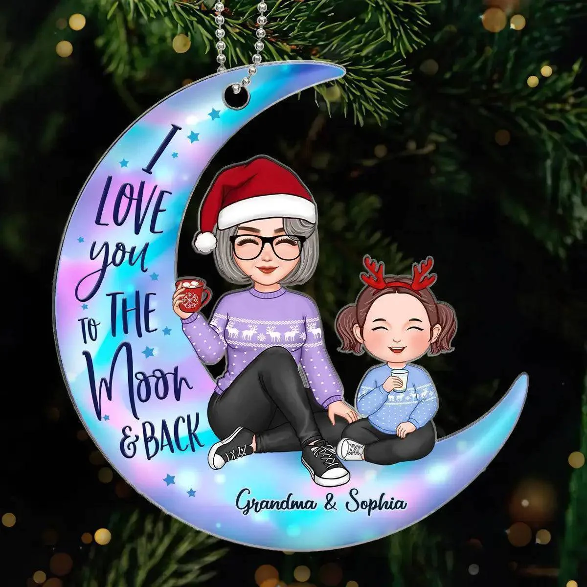 Colorful Cute Grandma & Grandkid On Moon Christmas Gift For Granddaughter Grandson Personalized Acrylic Ornament