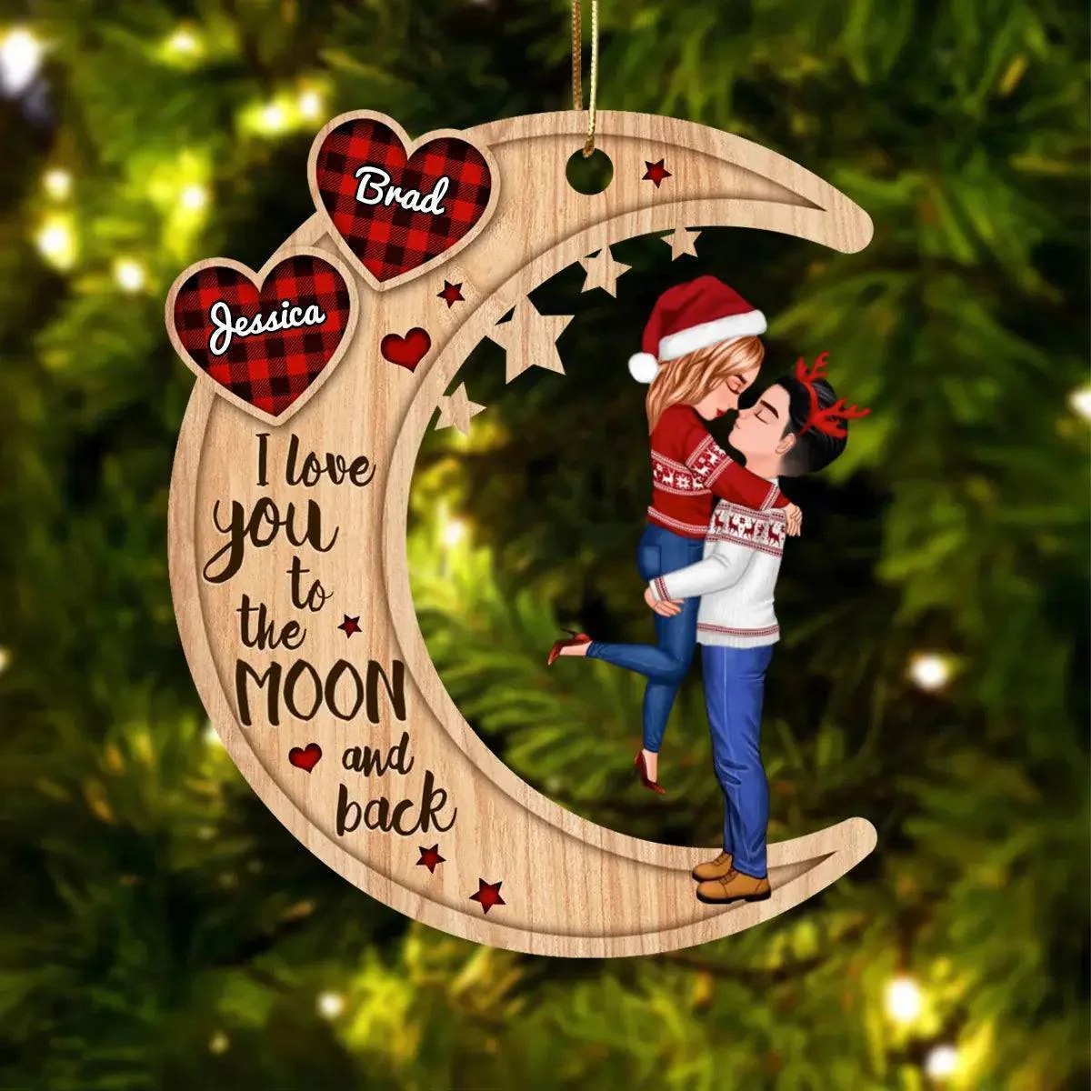 Couple Hugging On Heart Pattern Moon - Personalized Wooden Ornament - Gift For Firefighter,Police,Nurse,Chef,Teacher,Flight,Military,Animal Control,Worker - Image 4