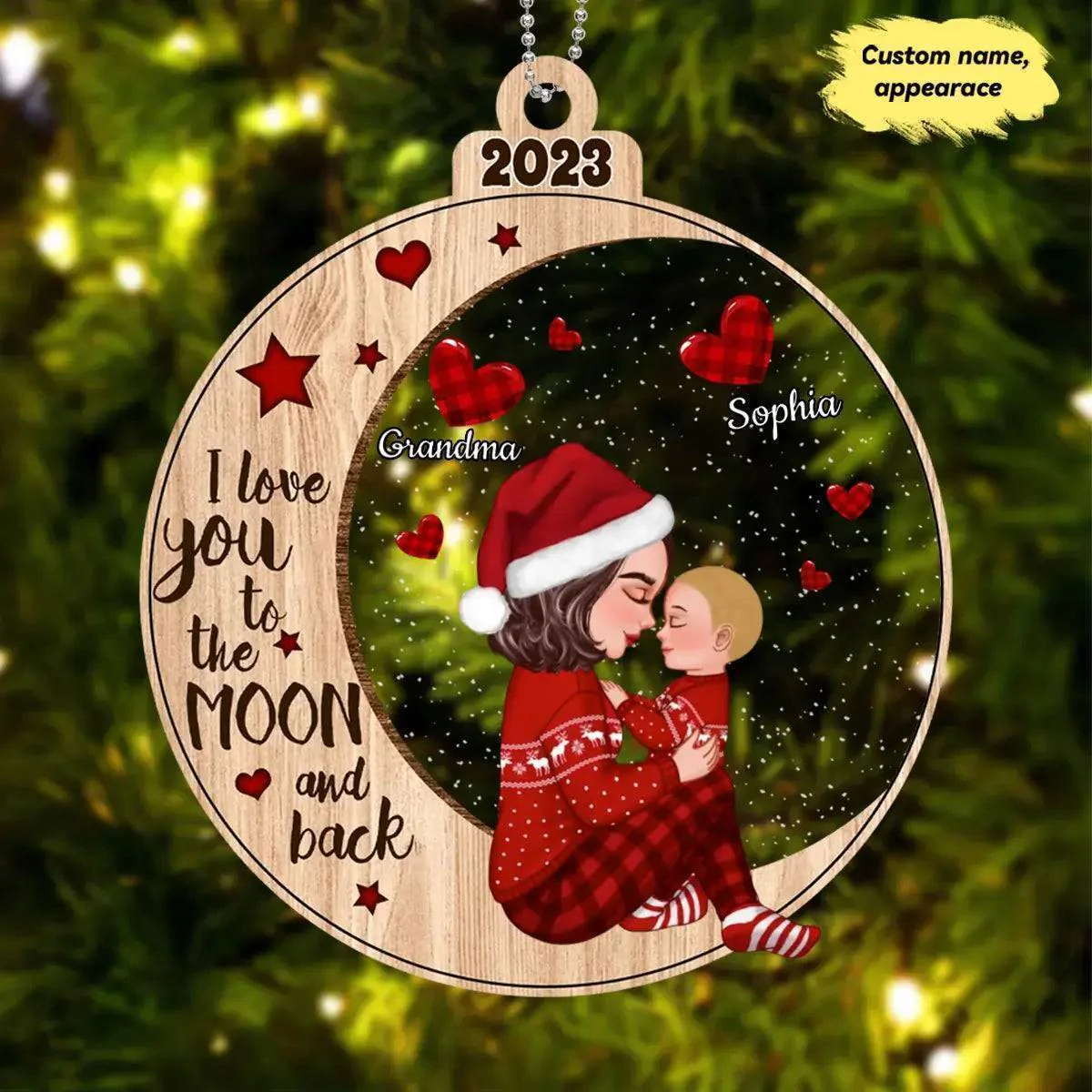 Grandma Mom Hugging Kissing Kids On Heart Pattern Moon - Personalized Wooden Ornament