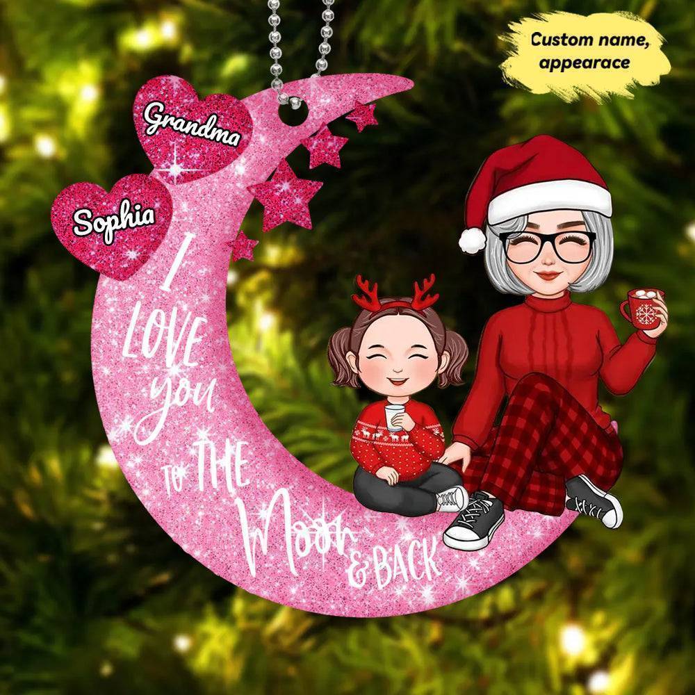 Colorful Cute Grandma & Grandkid Sitting On Heart Pattern Moon - Personalized Acrylic Ornament