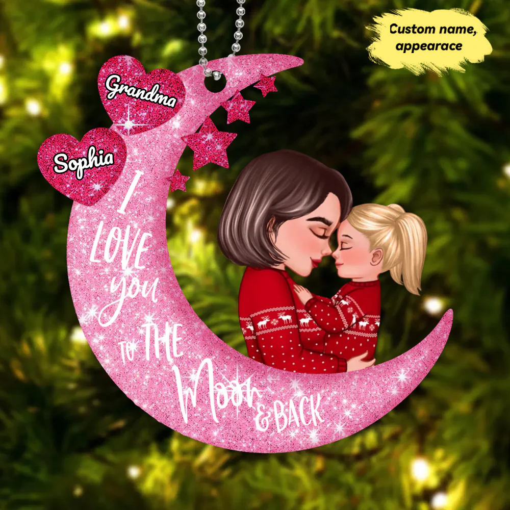 Colorful Cute Grandma Mom Hugging GrandKid Kid On Heart Pattern Moon - Personalized Acrylic Ornament - Gift For Granddaughter Grandson
