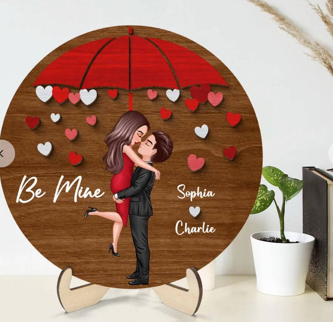 Rainy Romance - 'Umbrella Kiss' Personalized Wooden Plaque - A Cherished Gift for Couples on Anniversaries & Valentine's