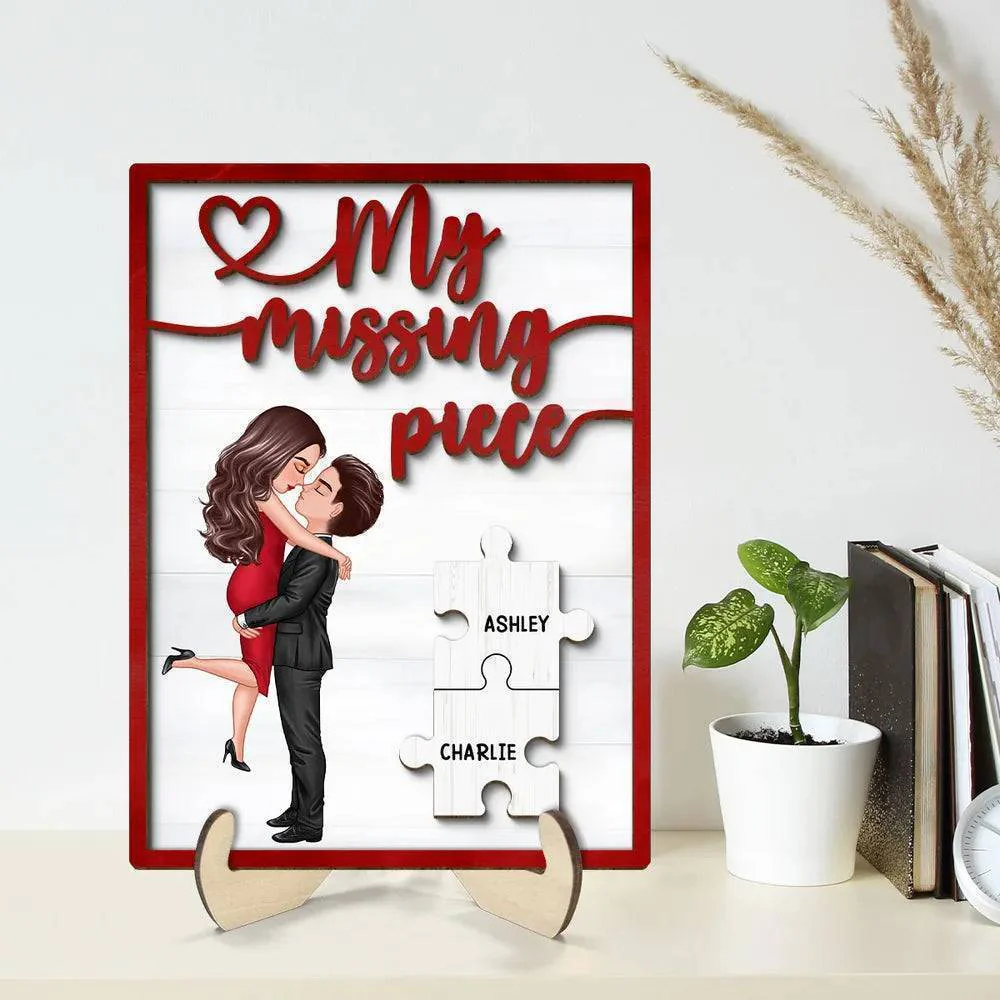 Embrace of Love - 'My Missing Piece' Personalized 2-Layer Wooden Plaque with Hugging & Kissing Couple - Ideal Valentine's & Anniversary Gift for Him & Her - Image 2