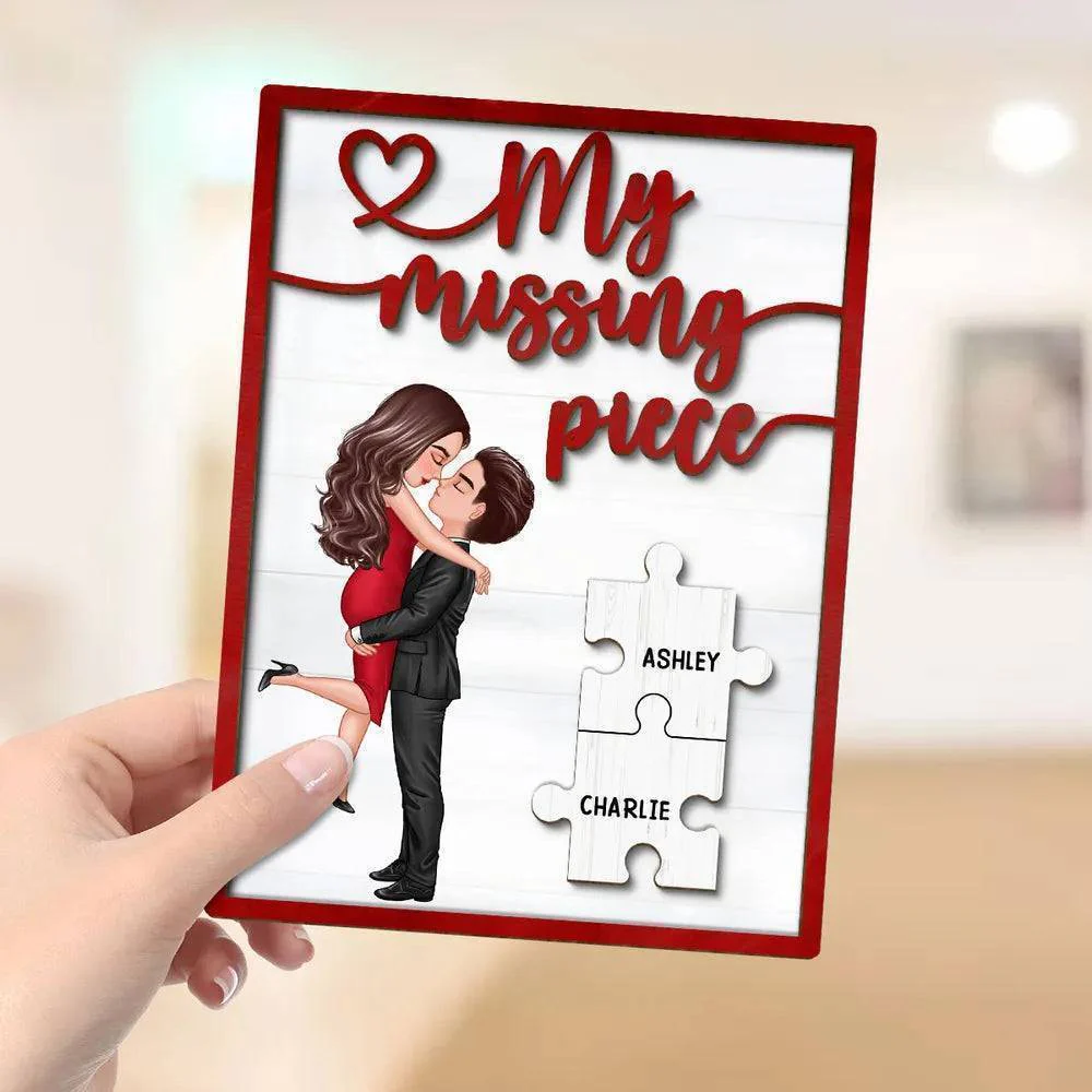 Embrace of Love - 'My Missing Piece' Personalized 2-Layer Wooden Plaque with Hugging & Kissing Couple - Ideal Valentine's & Anniversary Gift for Him & Her - Image 4