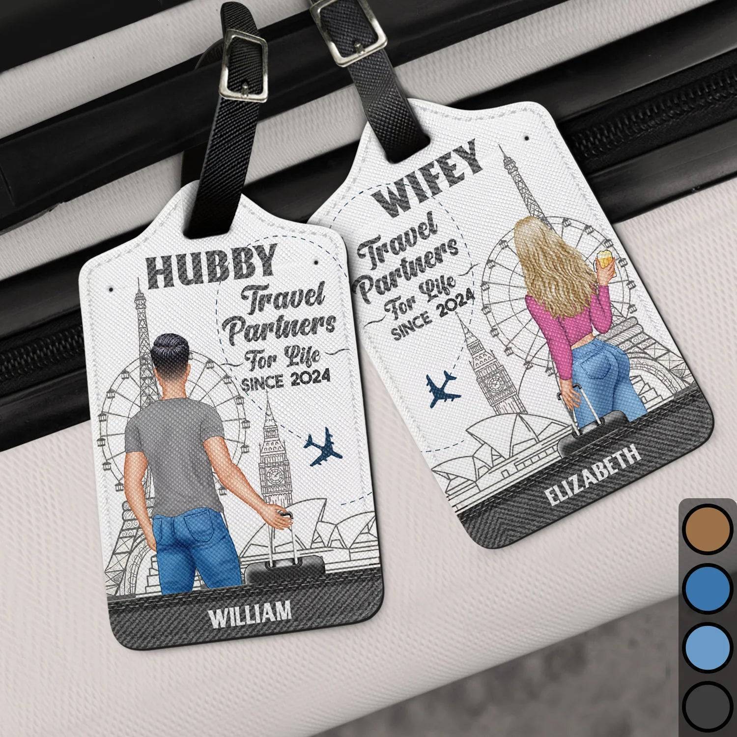 Couples Leather Luggage Tag Set – Custom Travel Partners Design with sightseeing illustration, perfect unique gift for the traveler you love