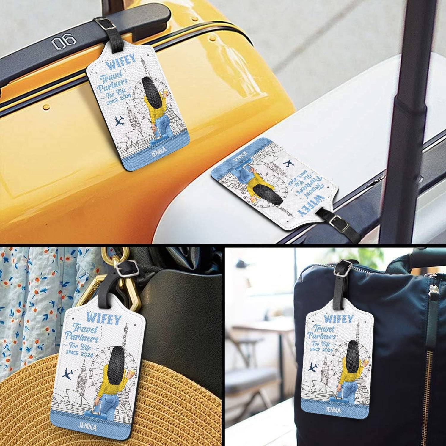 Couples Leather Luggage Tag Set – Custom Travel Partners Design with sightseeing illustration, perfect unique gift for the traveler you love - Image 3