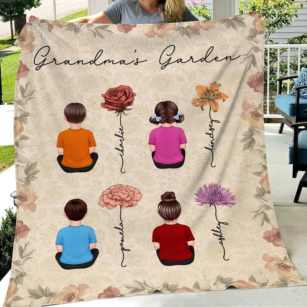 Grandma's Joy - Personalized Blanket with Grandkids & Vintage Birth Month Flowers - A Celebration of Family - Image 3