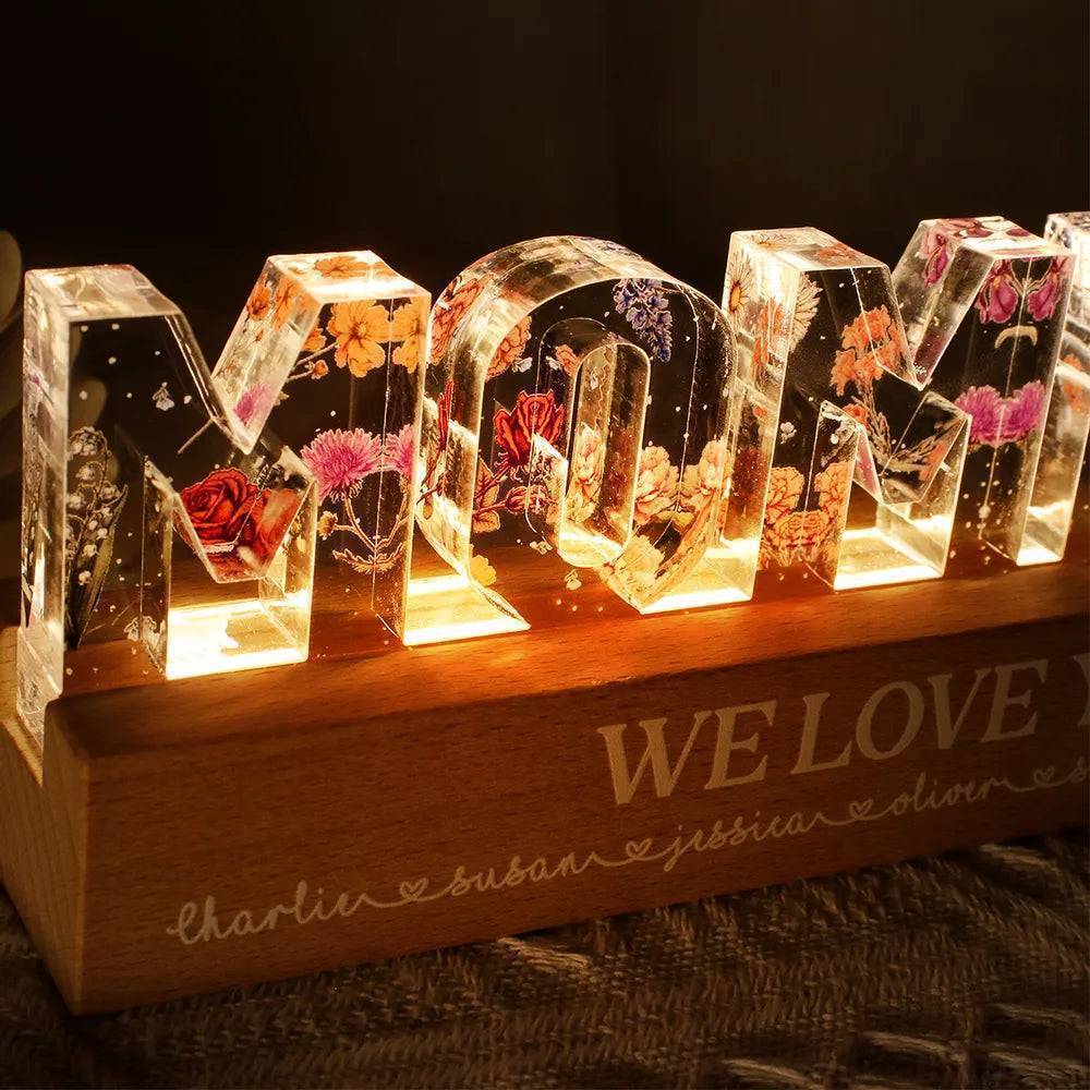 Personalized Block LED Light Plaque with Floral MOMMY Design and Warm Glow for Bedroom or Desk, Unique Gift for Mom - Image 5
