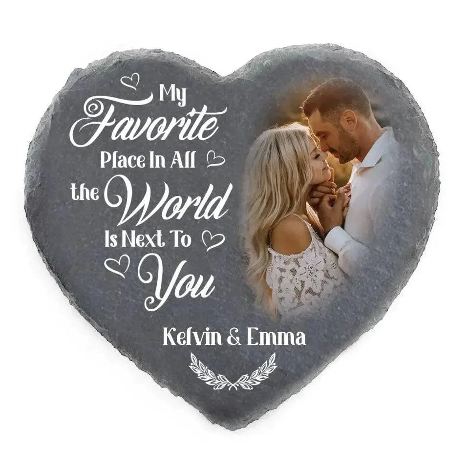 Custom Photo My Favorite Place In All The World Is Next To You - Couple Personalized Custom Heart Shaped Stone With Stand - Gift For Husband Wife, Anniversary - Image 2